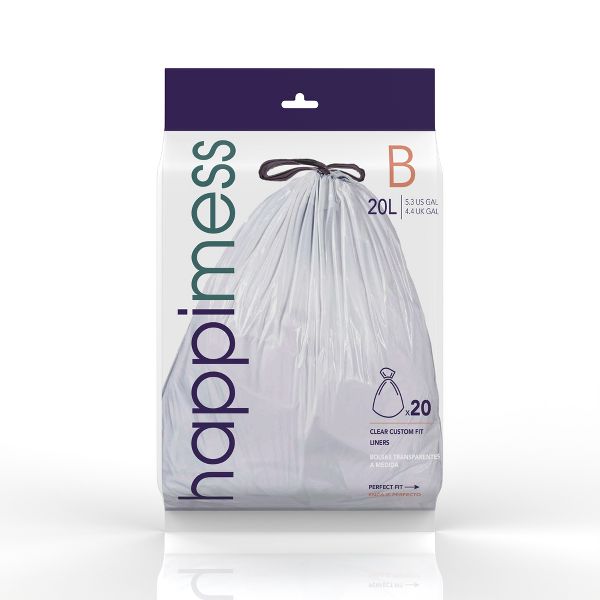 happymess 5.3 Gallon / 20 L Drawstring Trash Bags, 60 Count, per pack: 20 bags, Unscented, Clear