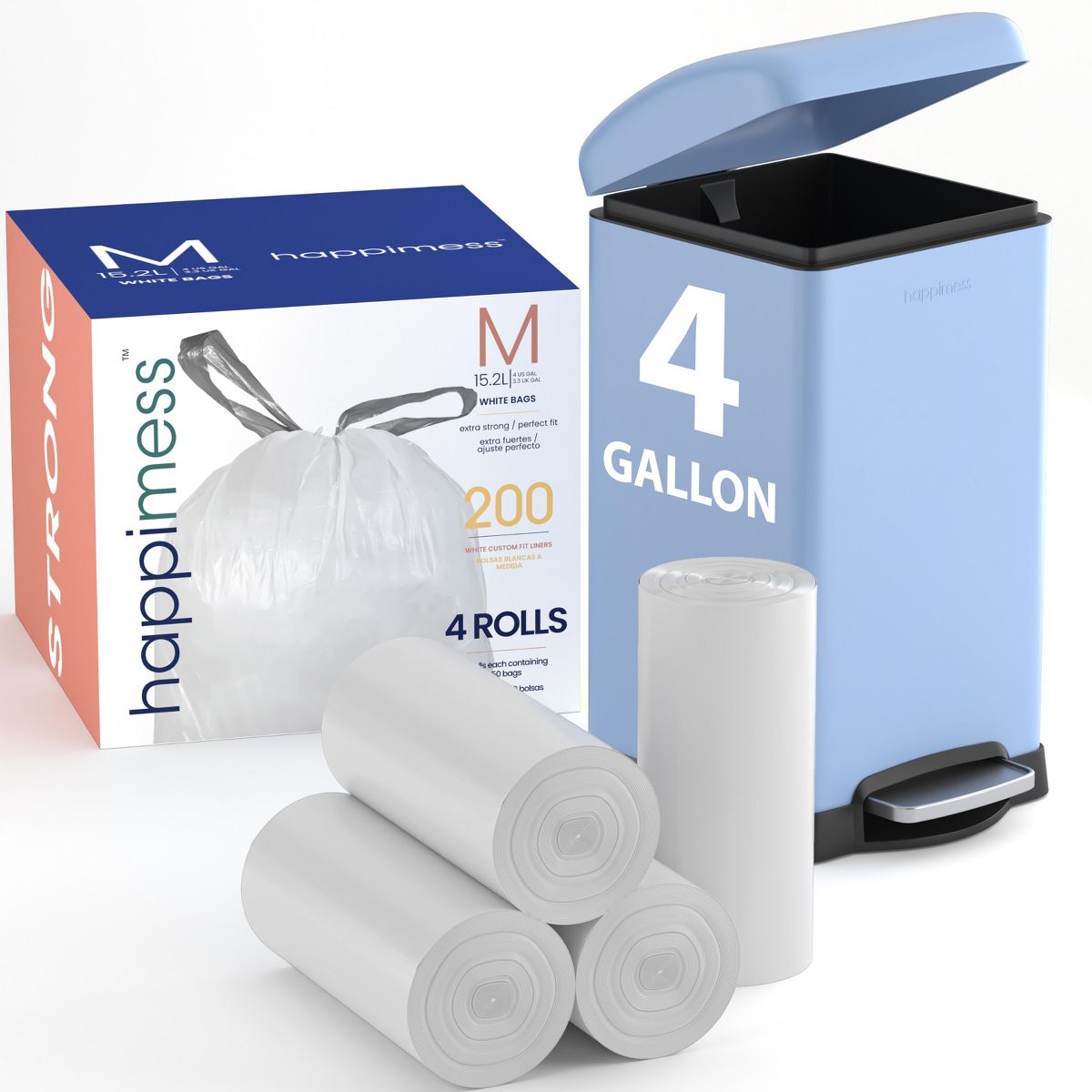 happimess 4 Gallon / 15 L Drawstring Trash Bags, 200 Count, per roll: 50 bags, Unscented, White