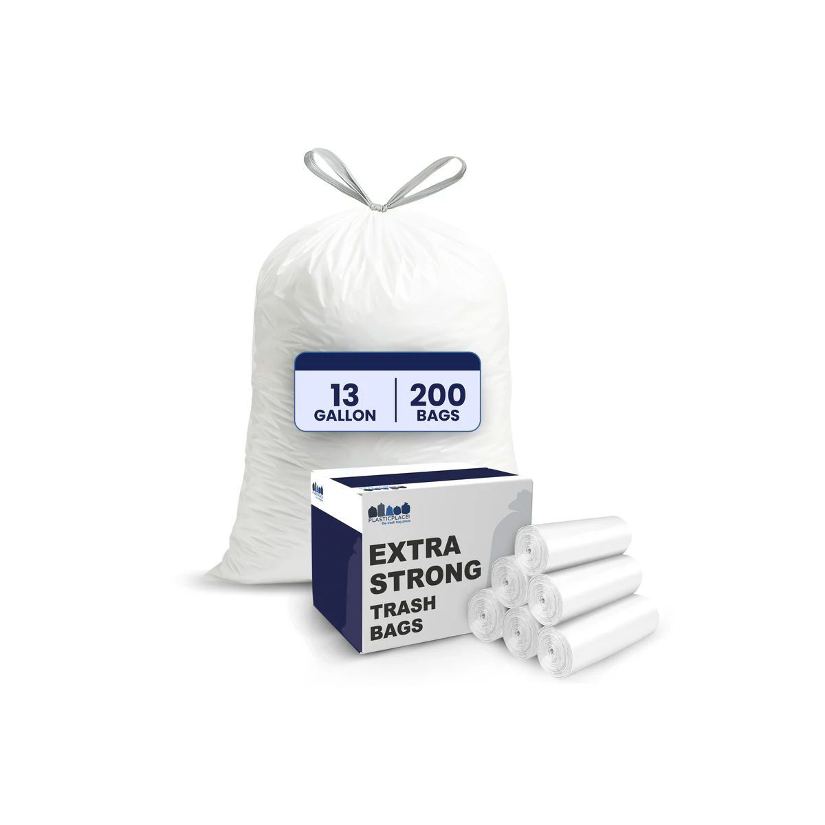 Plasticplace 13 Gallon Drawstring Trash Bags, 200 Count, White