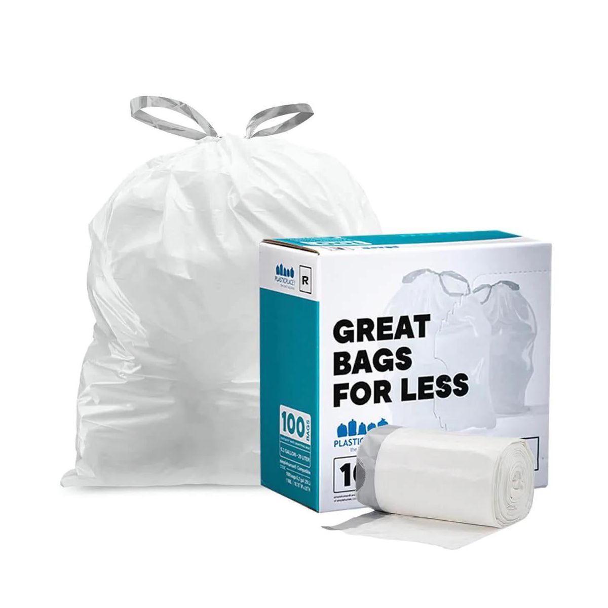 Plasticplace 2.6 Gallon / 10 L Drawstring Trash Bags, Compatible with simplehuman Code R, 100 Count, White, 16.5 x 18 in