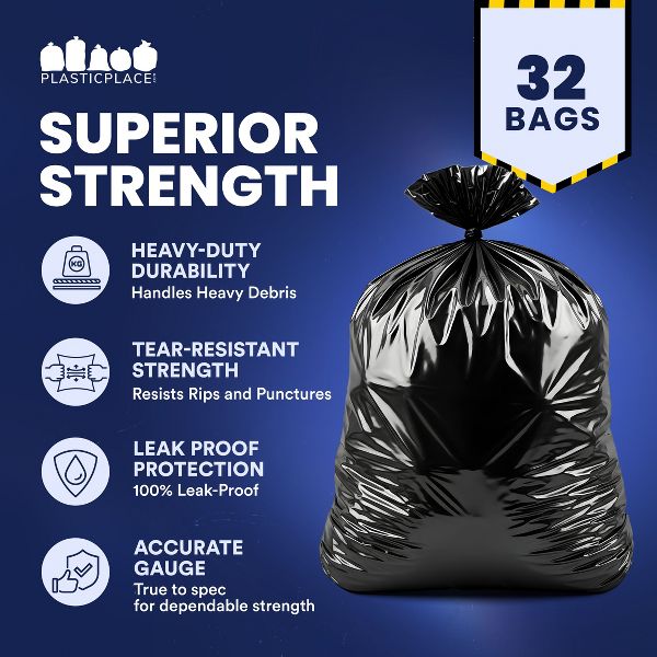 Plasticplace 55-60 Gallon Contractor Trash Bags, 32 Count, Black, 38 x 58 in, 3.0 mil