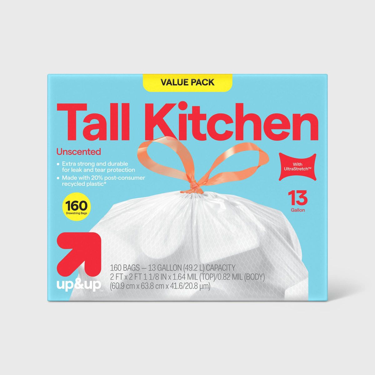 up&up 13 Gallon Drawstring Tall Kitchen Trash Bags, 160 Count, Unscented