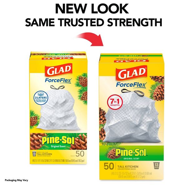 Glad 13 Gallon ForceFlex Drawstring Trash Bags, 50 Count, Pine