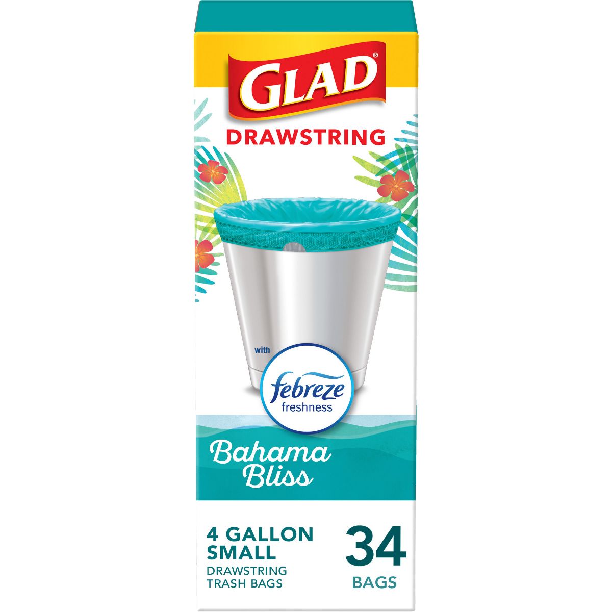 Glad 4 Gallon ForceFlex MaxStrength Drawstring Trash Bags, 34 Count, Fresh Scent, Bahama Bliss, Febreze