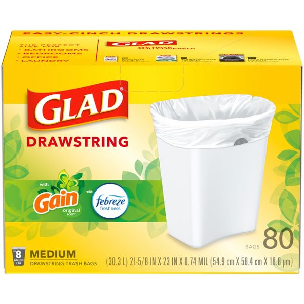 Glad 8 Gallon Drawstring Medium Trash Bags, 80 Count