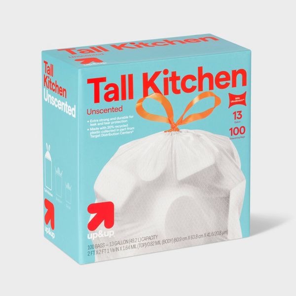 up&up 13 Gallon Drawstring Tall Kitchen Trash Bags, 100 Count, Unscented