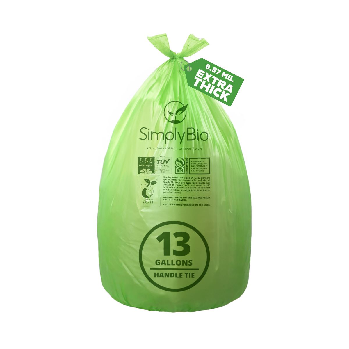 Simply Bio 13 Gallon / 49.21 L Handle-Tie Compostable Trash Bags, 30 Count, 0.87 mil