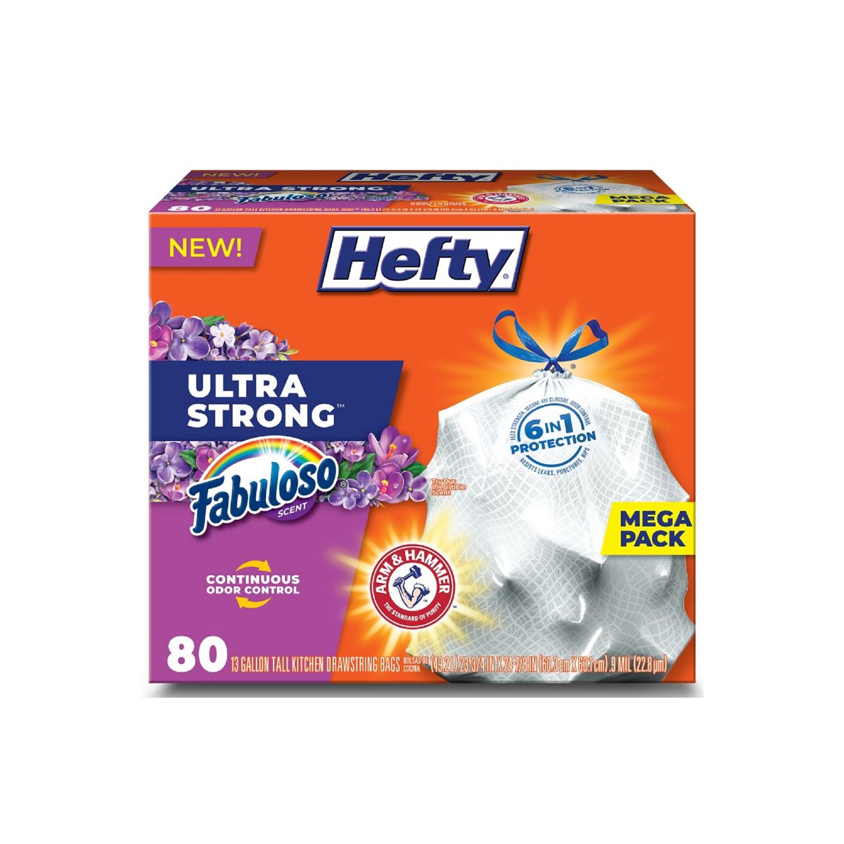 Hefty 13 Gallon Fabuloso Drawstring Tall Kitchen Trash Bags, 0.9 mil