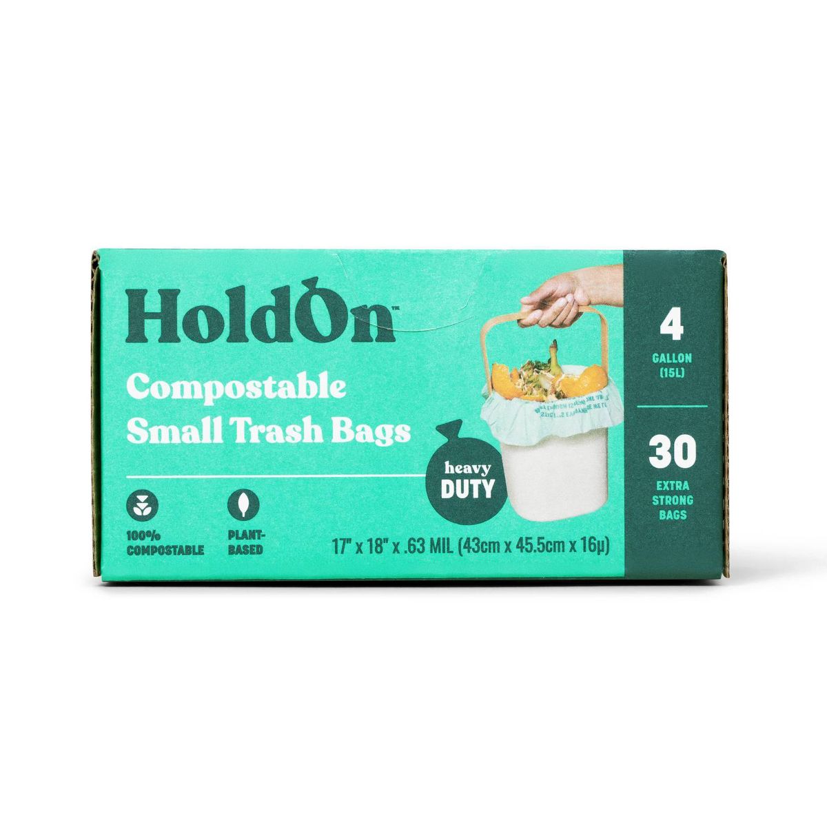 HoldOn Bags 4 Gallon Compostable Trash Bags, 30 Count