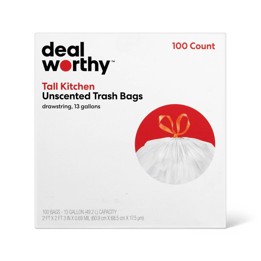 Dealworthy 13 Gallon Drawstring Tall Kitchen Trash Bags, 100 Count