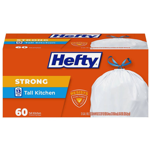 13 Gallon Drawstring Heavy-Duty Tall Kitchen Trash Bags, 60 Count