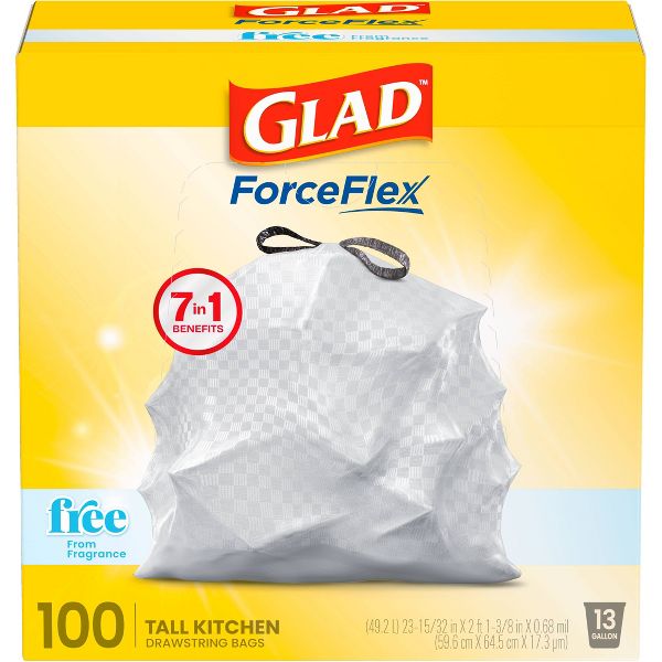 Glad 13 Gallon ForceFlex Drawstring Trash Bags, 100 Count, Unscented