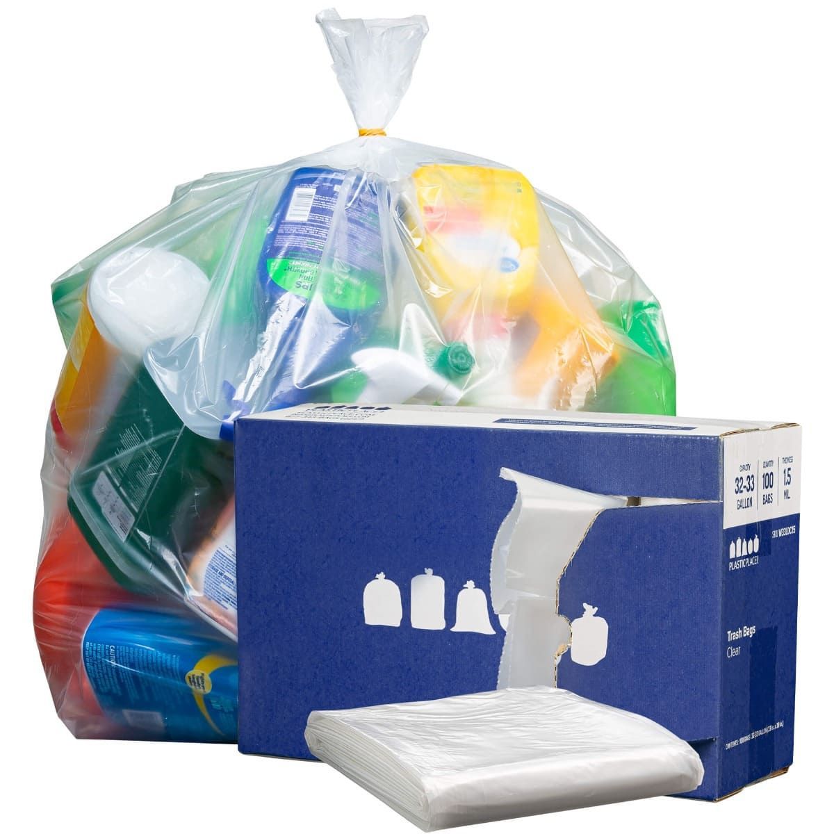 Plasticplace 32-33 Gallon Trash Bags, 100 Count, Clear, 1.5 mil