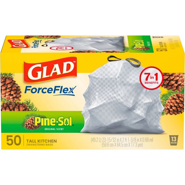 Glad 13 Gallon ForceFlex Drawstring Trash Bags, 50 Count, Pine