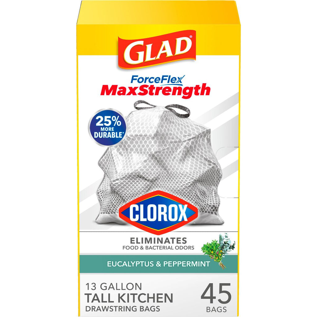 Glad 13 Gallon ForceFlex MaxStrength Drawstring Tall Kitchen Trash Bags, 45 Count, Eucalyptus and Peppermint