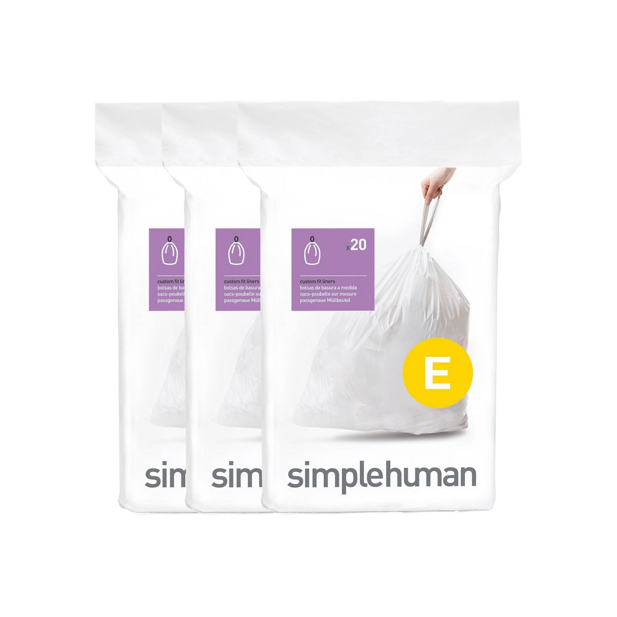 simplehuman 20 L Drawstring Tall Kitchen Trash Bags, Code E, 60 Count, White