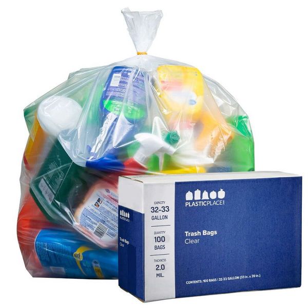 Plasticplace 32-33 Gallon Trash Bags, 100 Count, Clear, 33 x 39 in, 2.0 mil