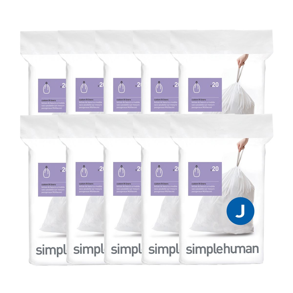 simplehuman 30-45 L Code J Custom-Fit Drawstring Trash Bags, 200 Count, White