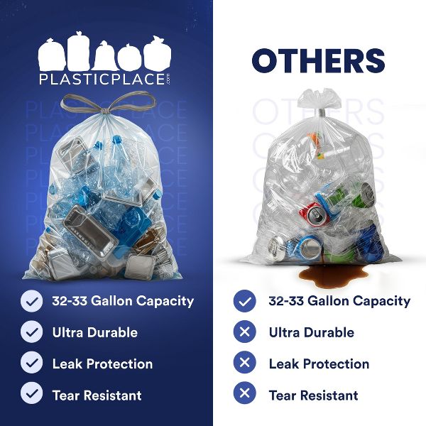Plasticplace 32-33 Gallon Drawstring Trash Bags, 100 Count, Clear, 33 x 38 in, 0.9 mil