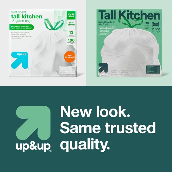 up&up 13 Gallon Drawstring Tall Kitchen Trash Bags, 100 Count, Mint