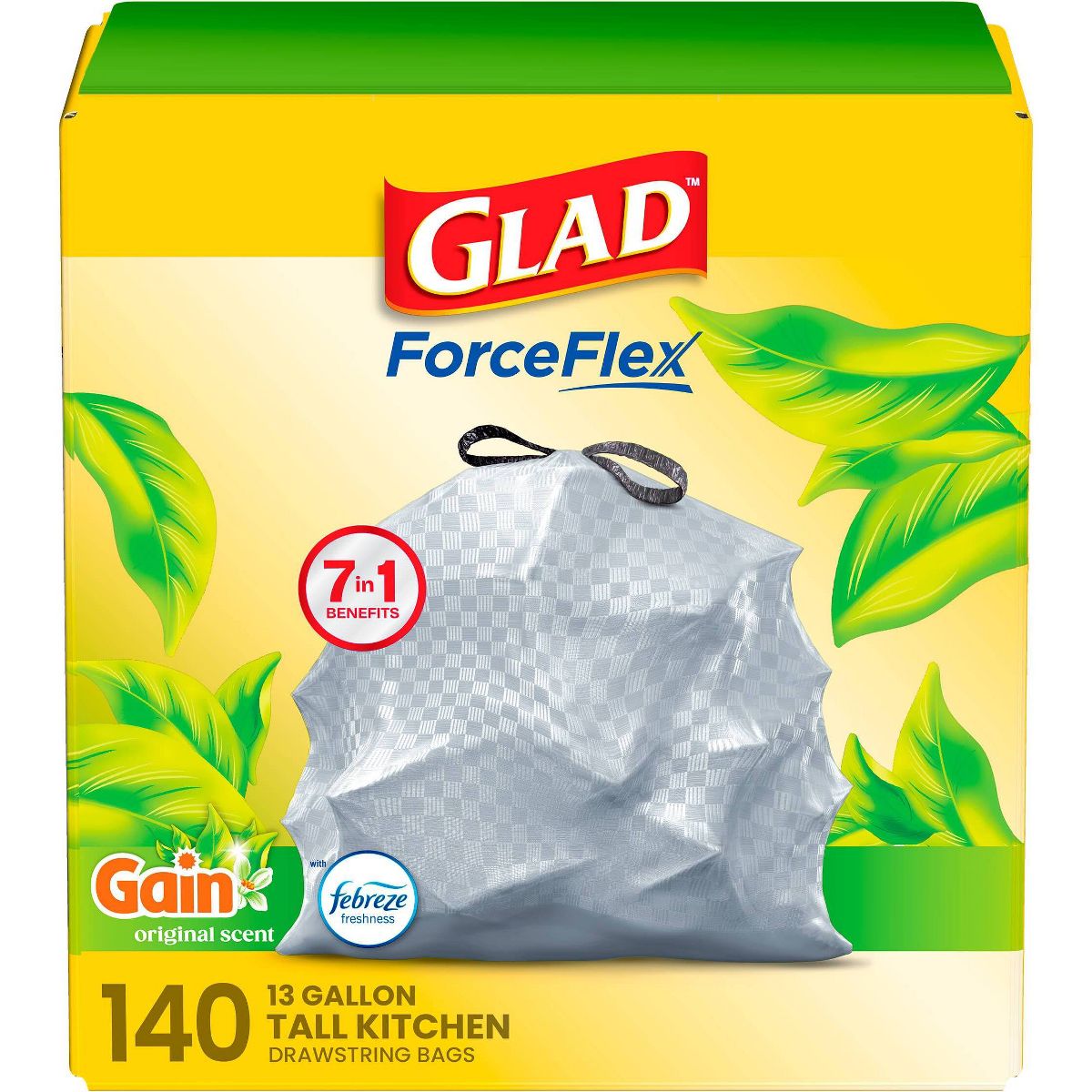 Glad 13 Gallon ForceFlex Drawstring Trash Bags, 140 Count, Gain Original
