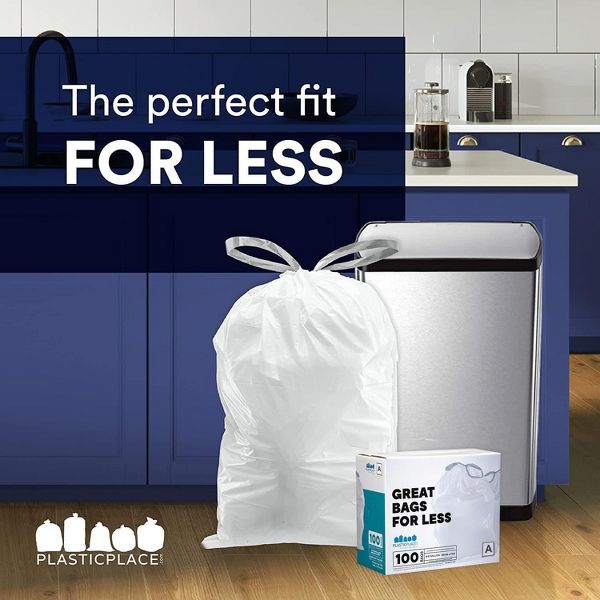 Plasticplace 1.2 Gallon Drawstring Trash Bags, Compatible with simplehuman Code A, 100 Count