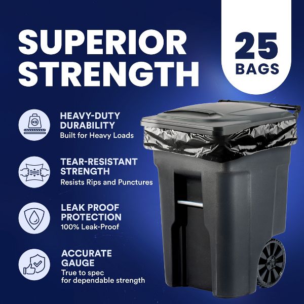 Plasticplace 95-96 Gallon Trash Bags, 25 Count, Black, 61 x 68 in, 3.0 mil