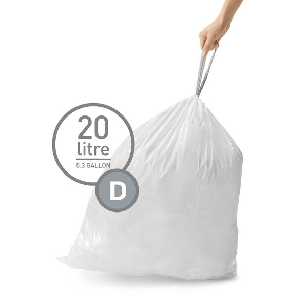 simplehuman 20 L Drawstring Tall Kitchen Trash Bags, Code D, 100 Count, Unscented, White