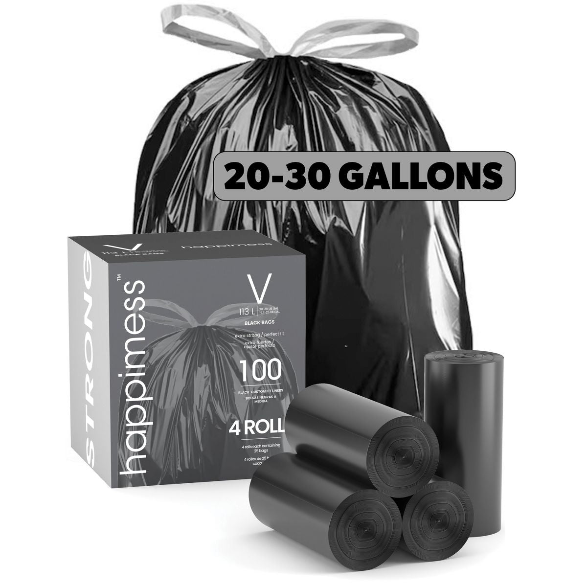happymess 30 Gallon / 114 L Drawstring Trash Bags, 100 Count, per roll: 25 bags, Unscented, Black
