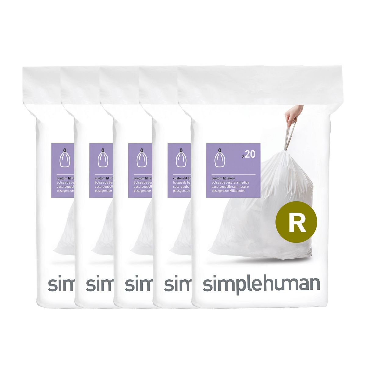 simplehuman 10 L Code R Custom-Fit Drawstring Trash Bags, 100 Count (5 Packs of 20), White