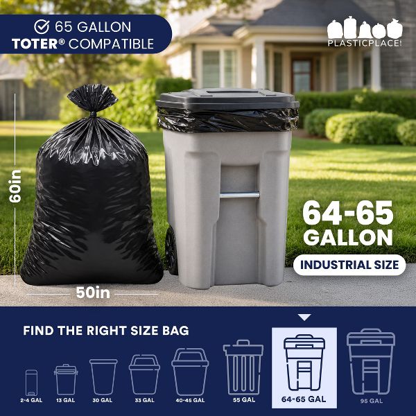 Plasticplace 64 Gallon Trash Bags, 25 Count, Black, 50 x 60 in, 1.5 mil