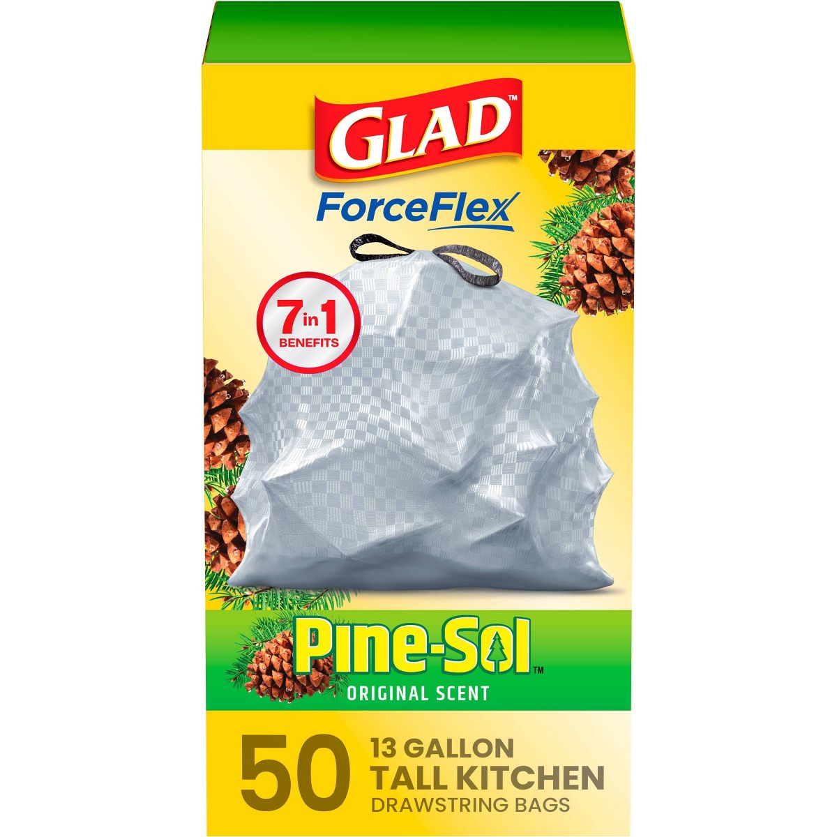 Glad 13 Gallon ForceFlex Drawstring Trash Bags, 50 Count, Pine