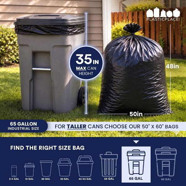 Plasticplace 65 Gallon Trash Bags, 100 Count, Black, 50 x 48 in, 1.5 mil
