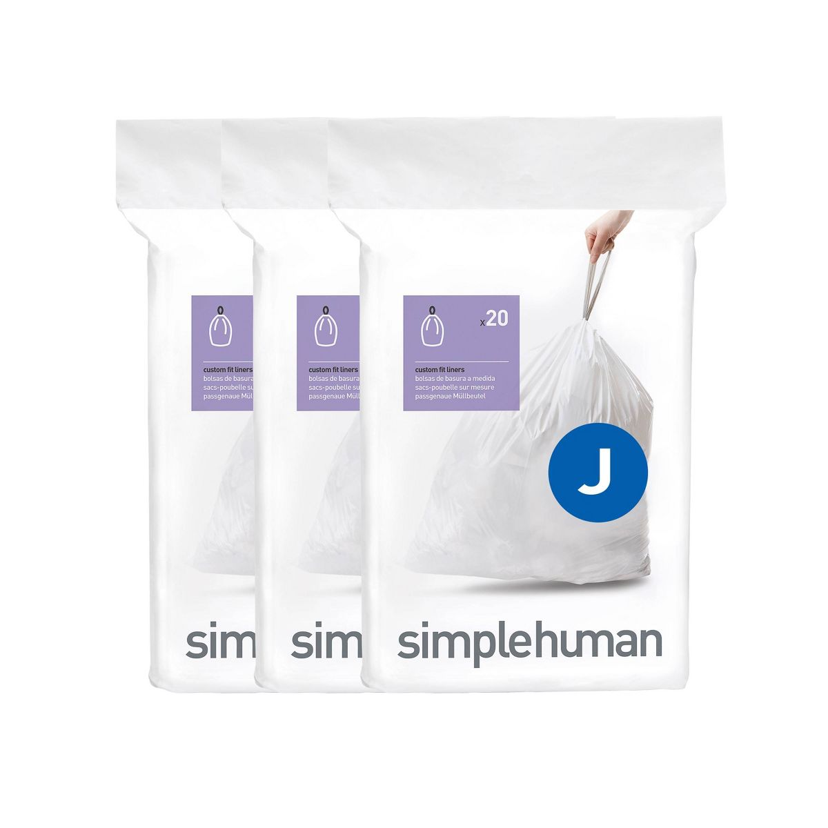 simplehuman 30-45 L Drawstring Tall Kitchen Trash Bags, Code J, 60 Count, White