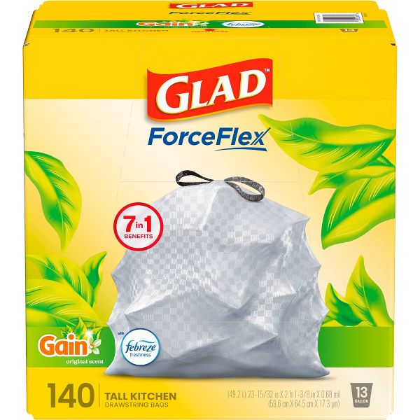 Glad 13 Gallon ForceFlex Drawstring Trash Bags, 140 Count, Gain Original