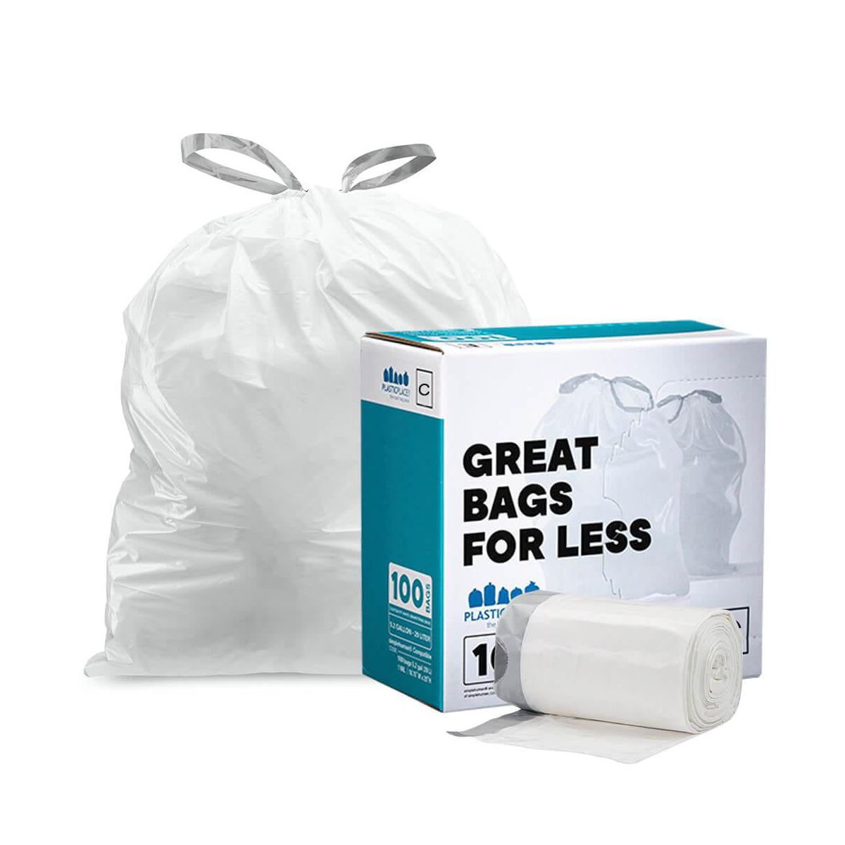 Plasticplace 2.6-3.2 Gallon / 10-12 L Drawstring Trash Bags, Compatible with simplehuman Code C, 100 Count, White, 14.75 x 20 in