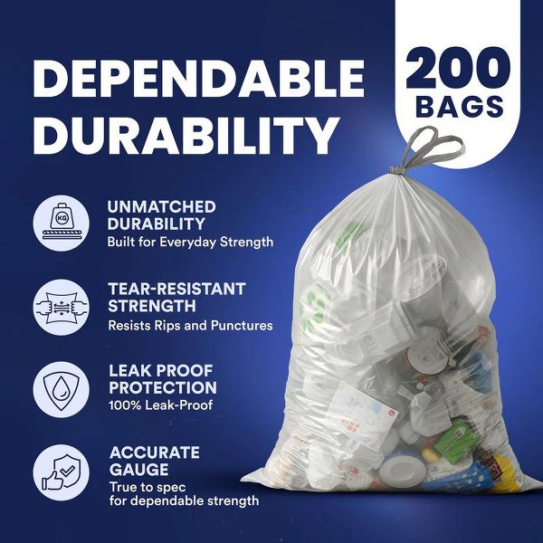 Plasticplace 13 Gallon Drawstring Trash Bags, 200 Count, Clear