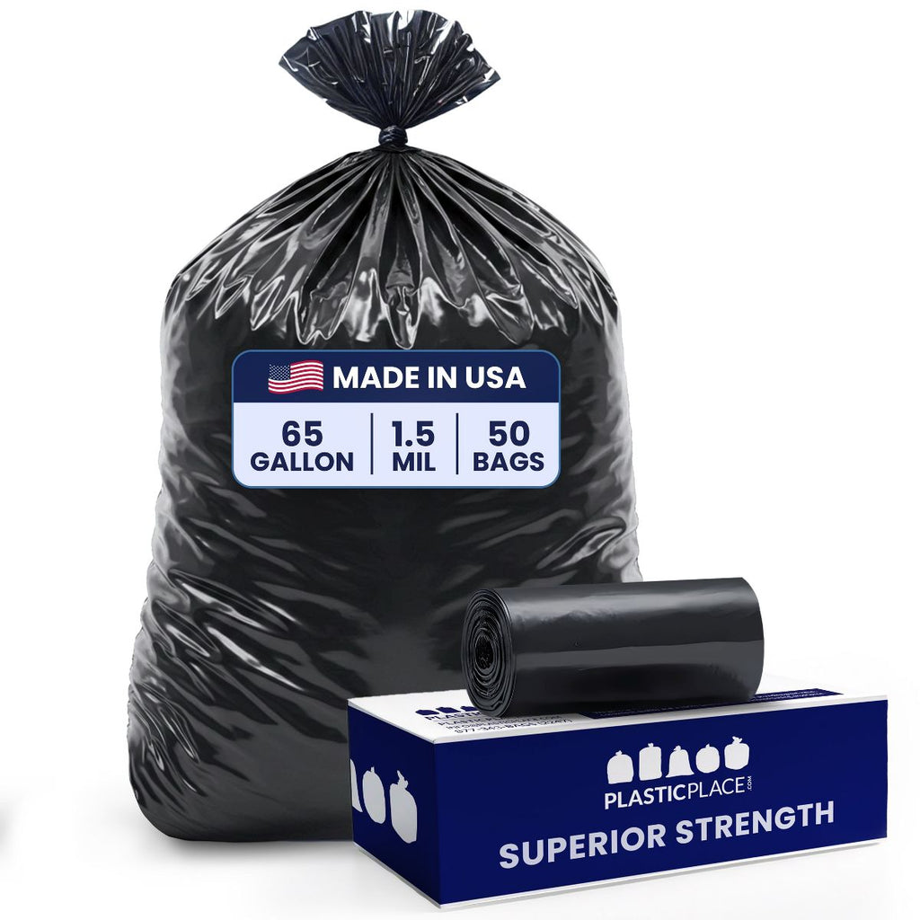 Plasticplace 65 Gallon Trash Bags, 100 Count, Black, 50 x 48 in, 1.5 mil