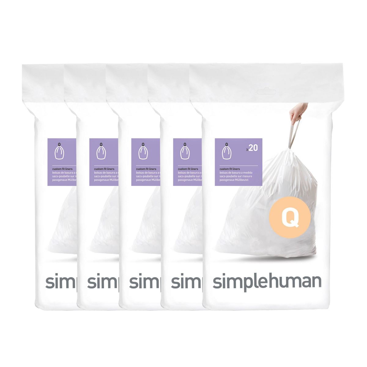 simplehuman 50-65 L Drawstring Tall Kitchen Trash Bags, Code Q, 100 Count, White