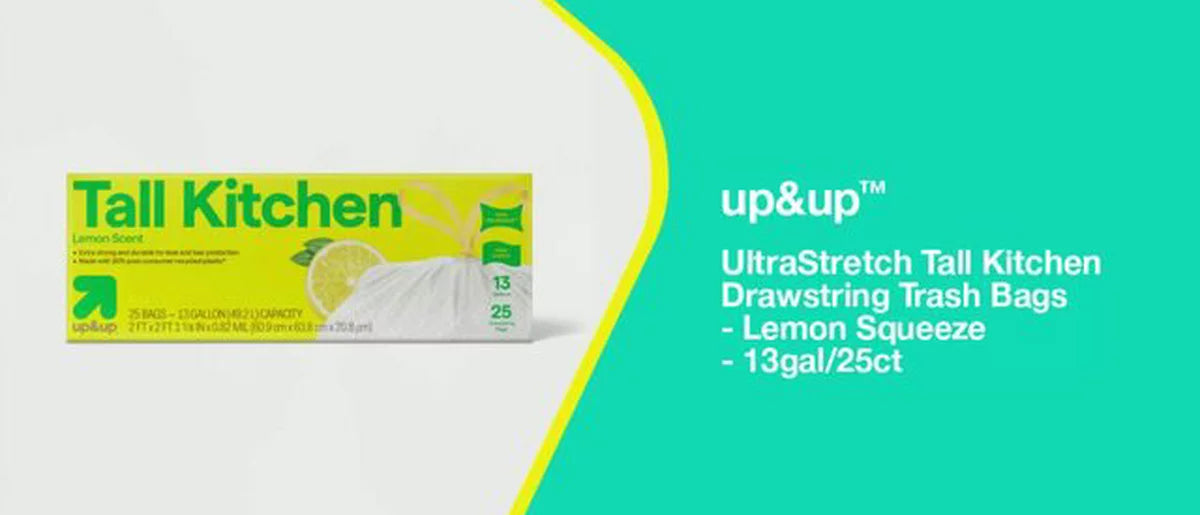 up&up 13 Gallon Drawstring Tall Kitchen Trash Bags, 25 Count, Lemon