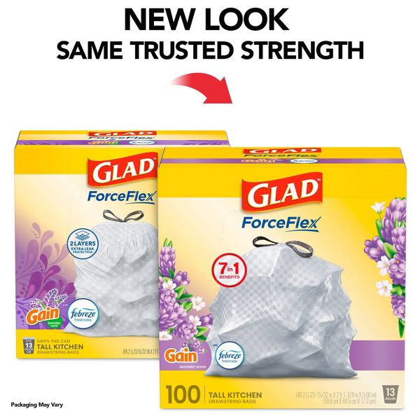 Glad 13 Gallon ForceFlex Drawstring Tall Kitchen Trash Bags, 100 Count, Mediterranean Lavender, Febreze