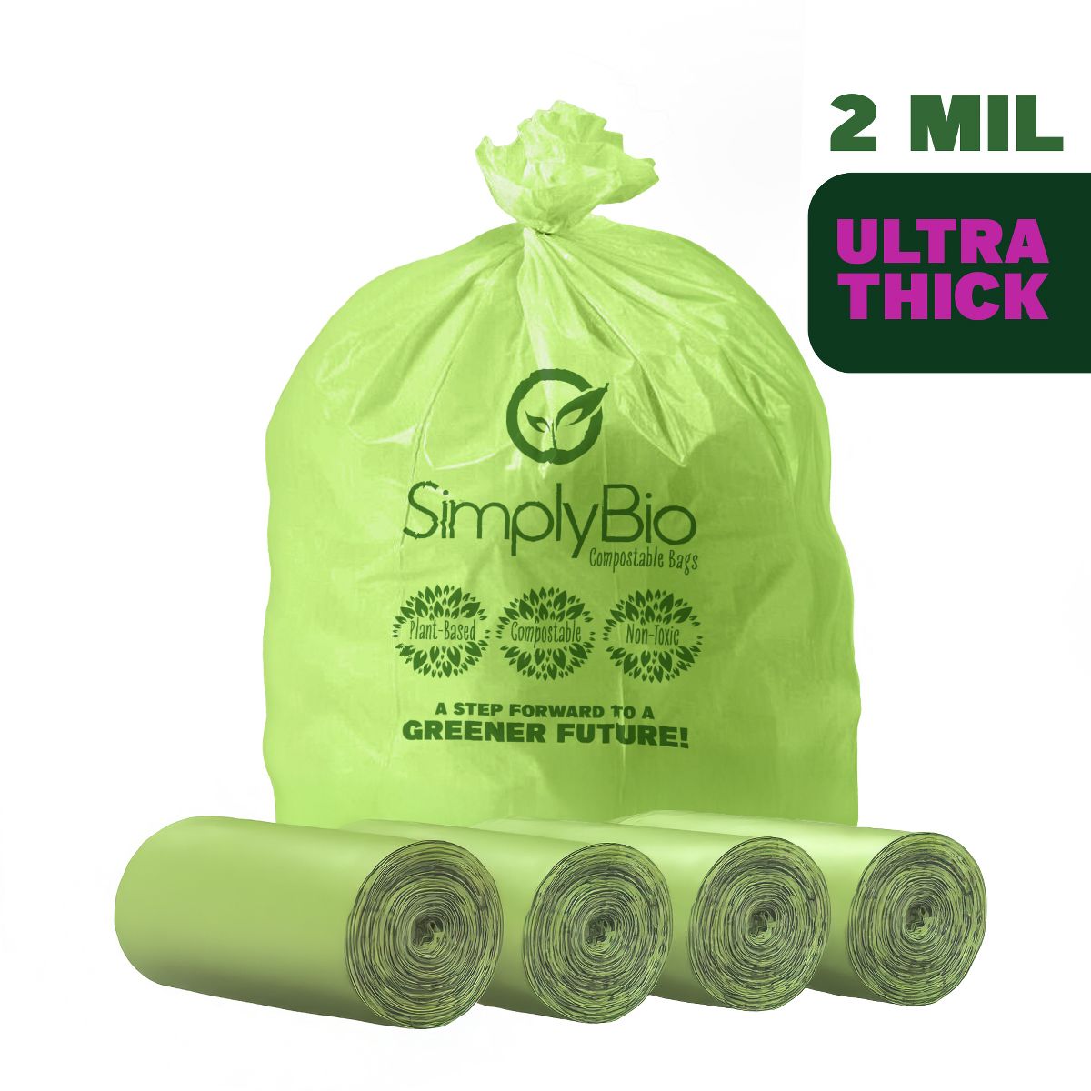 Simply Bio 56-60 Gallon / 227.12 L Flat-Top Heavy-Duty Compostable Trash Bags, 80 Count, 2 mil