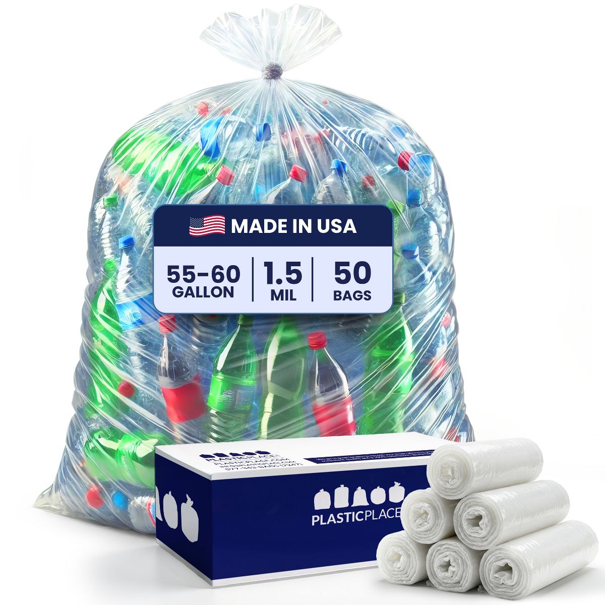 Plasticplace 55-60 Gallon Trash Bags, 50 Count, Clear, 38 x 58 in, 1.5 mil