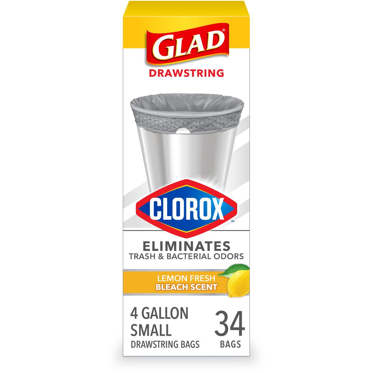 Glad 4 Gallon Drawstring Small Trash Bags, 34 Count, Lemon Fresh Bleach Scent