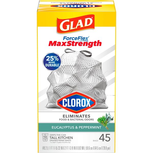 Glad 13 Gallon ForceFlex MaxStrength Drawstring Tall Kitchen Trash Bags, 45 Count, Eucalyptus and Peppermint