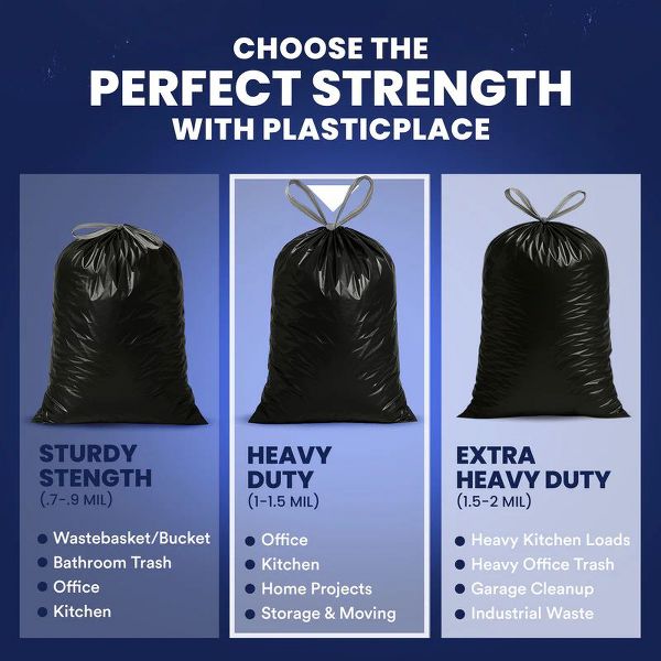 Plasticplace 32-33 Gallon Drawstring Trash Bags, 100 Count, Black, 33 x 39 in, 1.2 mil
