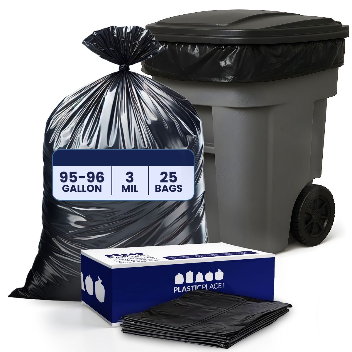 Plasticplace 95-96 Gallon Trash Bags, 25 Count, Black, 61 x 68 in, 3.0 mil