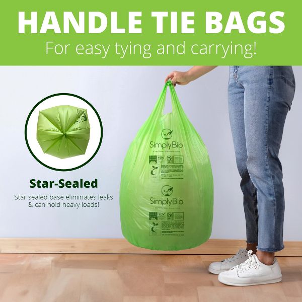 Simply Bio 13 Gallon / 49.21 L Handle-Tie Compostable Trash Bags, 30 Count, 0.87 mil