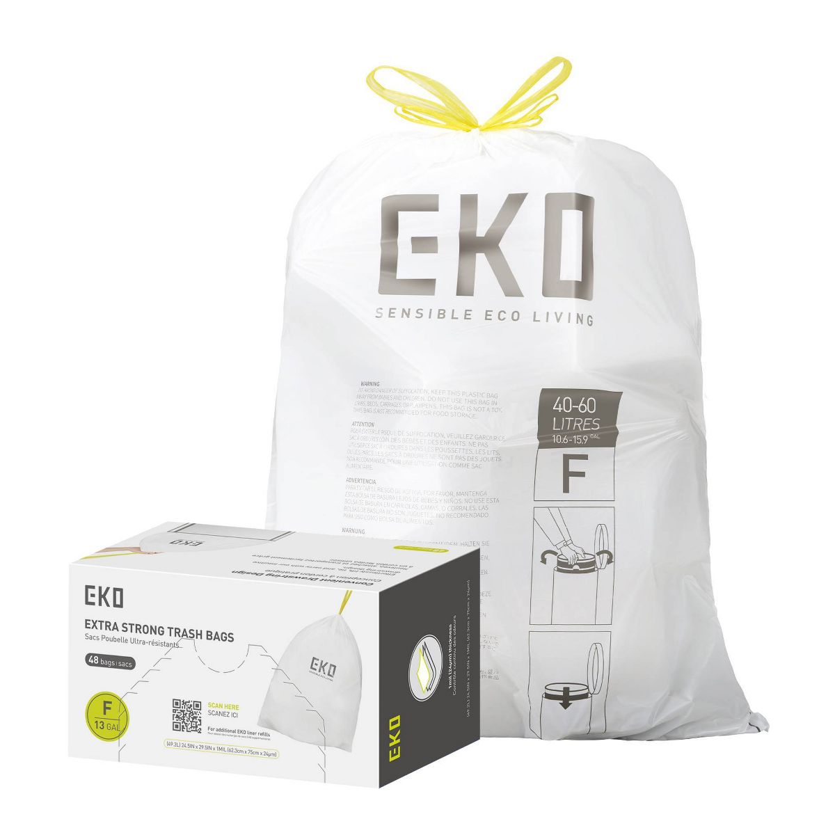 EKO Code F Drawstring Trash Can Liners, Fits 13-Gallon Cans