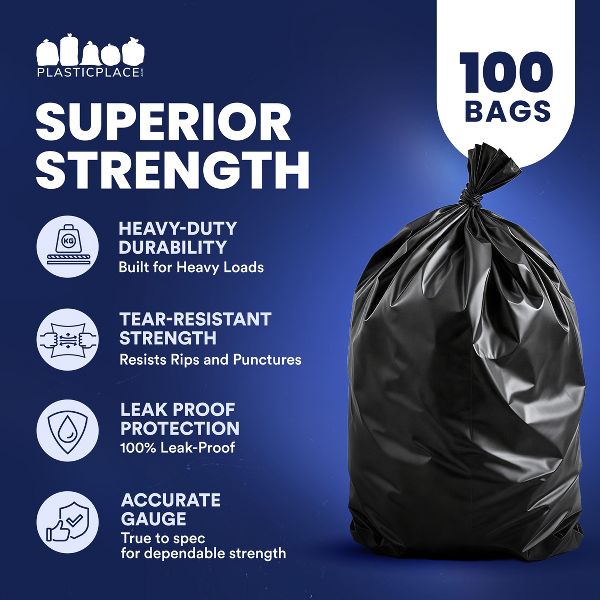 Plasticplace 55 Gallon Trash Bags, 100 Count, Black, Compatible with Rubbermaid, 40 x 50 in, 1.2 mil
